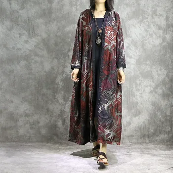 

Retro Stand Collar Single Breasted Cardigan Jacket 2020 New Chinese Style Printing Ladies Casual Long Trench Coat