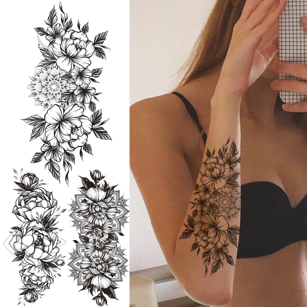 Временная татуировка с мандалой хной для женщин черная Камелия искусственная
