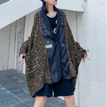 

SeeBeautiful Large Size Jacket Coat Long Sleeve Stitching Knitted Irregular One Button New Fashion 2020 Autumn Winter Women T791