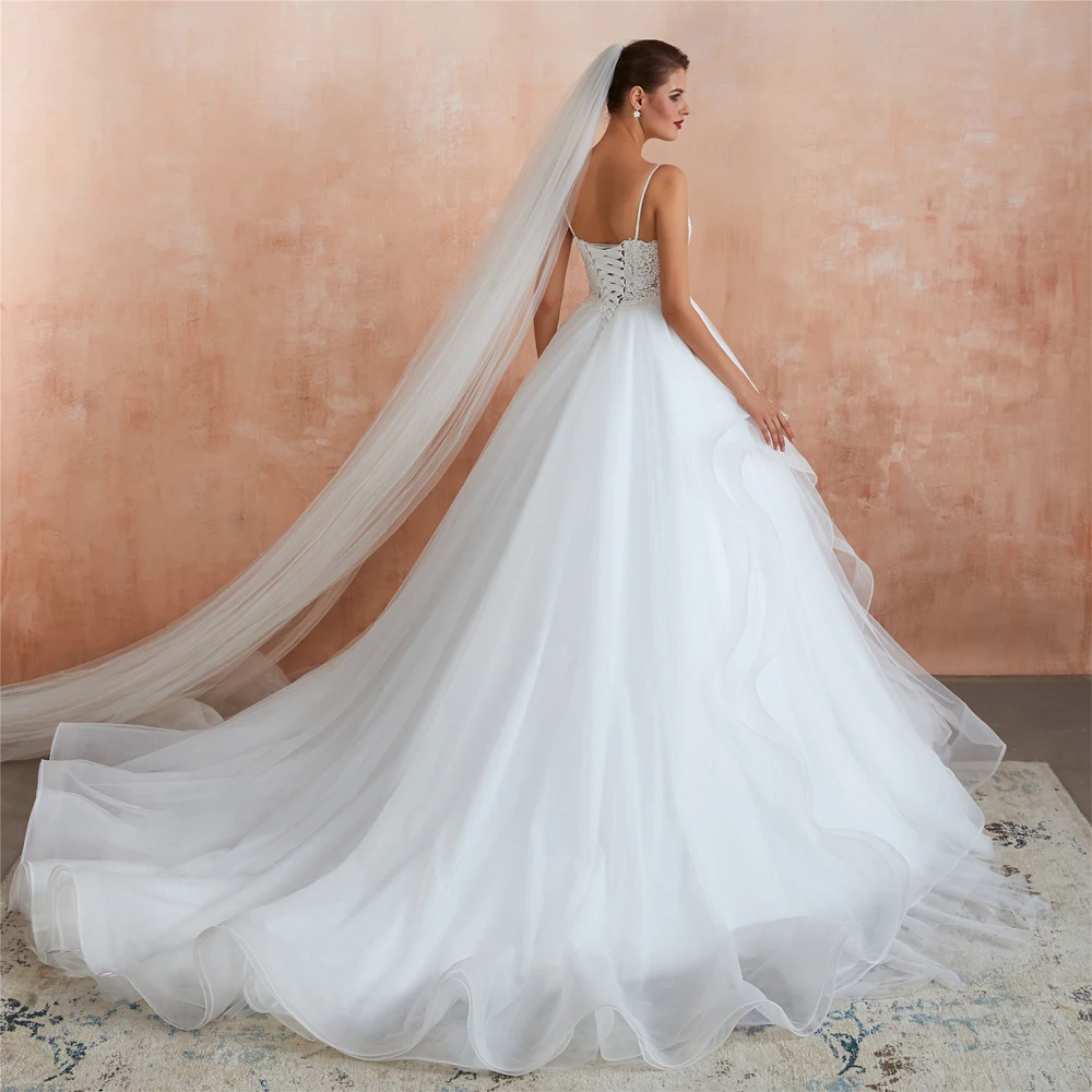 Princess Lace Appliques Long Wedding Dress White Ivory Tulle Bride Wedding Gowns Sexy V Neck Open Back Ball Gown Wedding Dresses (4)