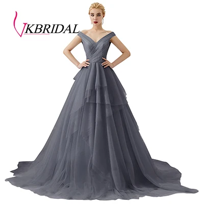 Серый VKbridal длинное платье для выпускного вечера сексуальное серое фиолетовое вечернее платье с открытыми плечами Vestido Longo de Formatura Robe de Soiree - Цвет: Серый