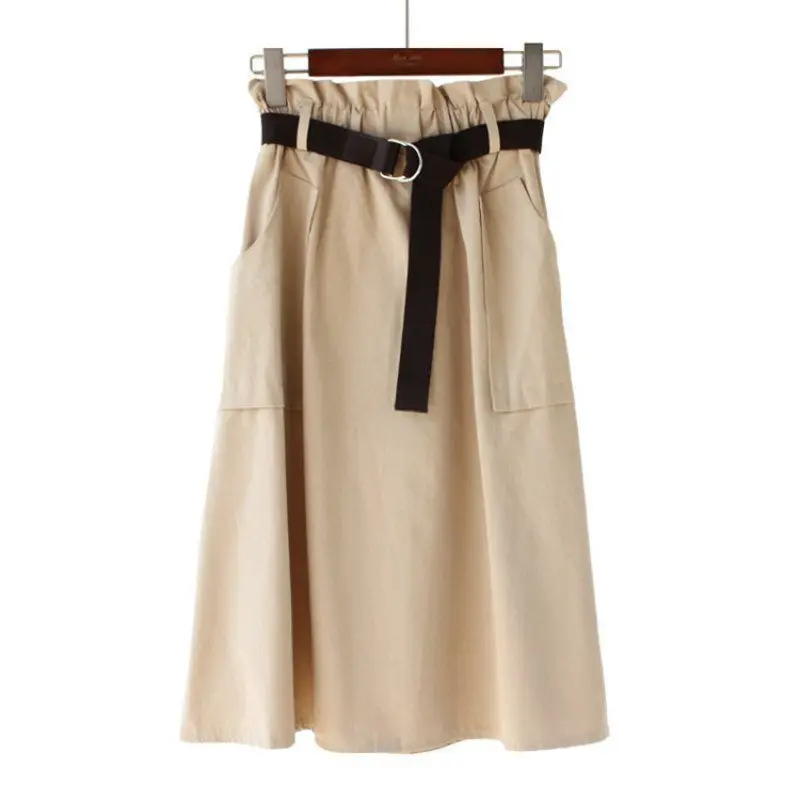 Women Skirt Vintage Literary Style Skirt Elastic High Waist Solid Color Skirt Wild A-Line Long Paragraph Skirt