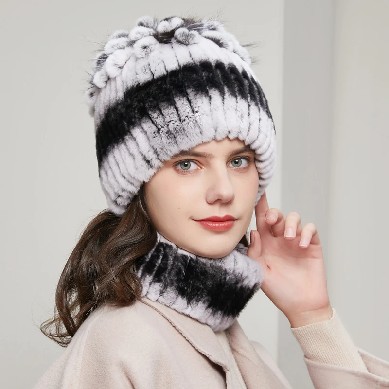 Real Rex Rabbit Fur Hats Women Winter Weave Berets Warm Cap with Real Fox Fur 