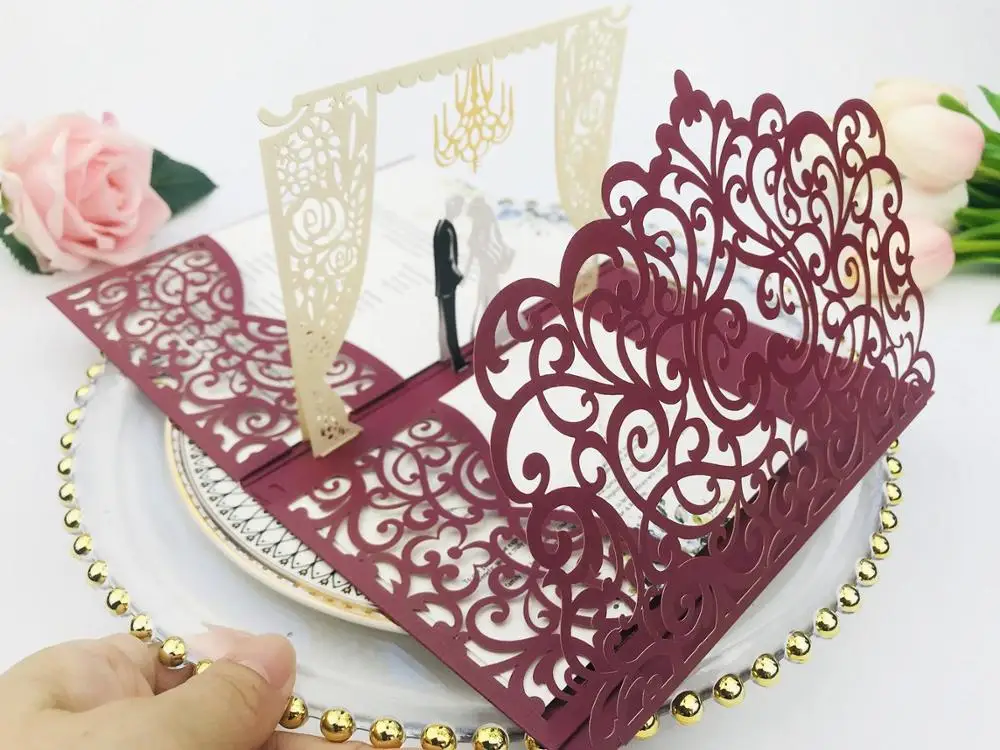 Free Shipping 1x 3D POP UP Card Burgundy tri 3 Fold Pocket Wedding Invitation Card Laser cut Invite - 4.00042E+12