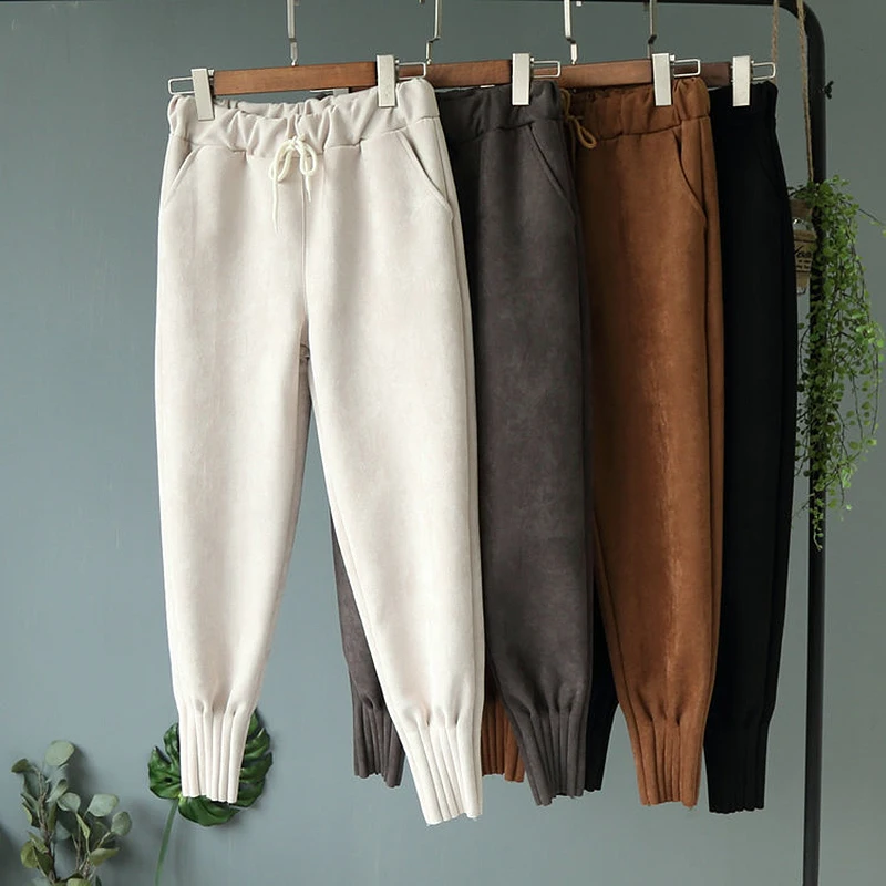 Высокое качество осень-зима замшевые брюки с высокой талией, для девочек с большими карманами, штаны для женщин Harajuku плюс размер шаровары Штаны pantalon femme