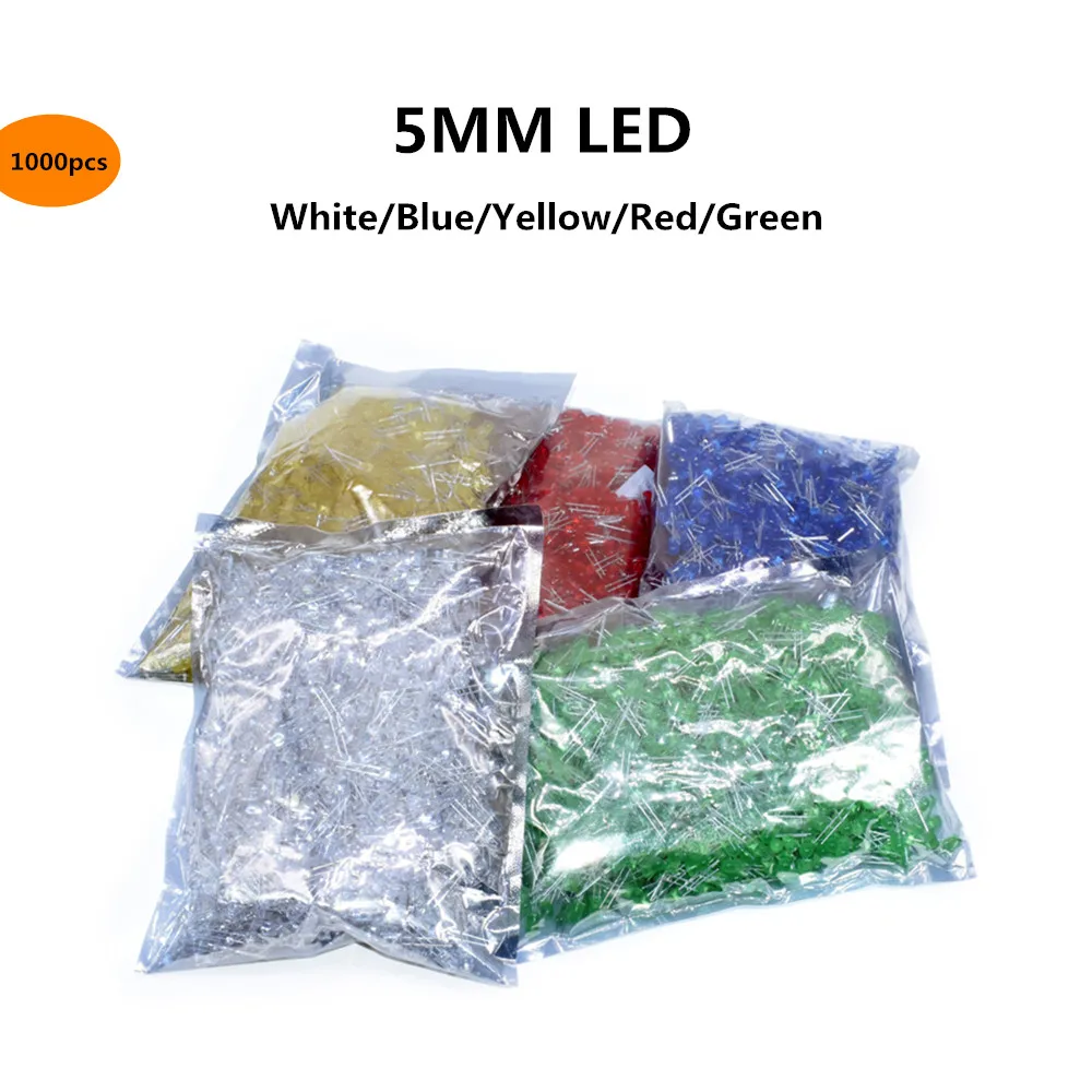 1000pcs Round 5mm LED Diode 5 mm Assorted Kit White Green Red Blue Yellow DIY Light Emitting F5 | Электронные компоненты и