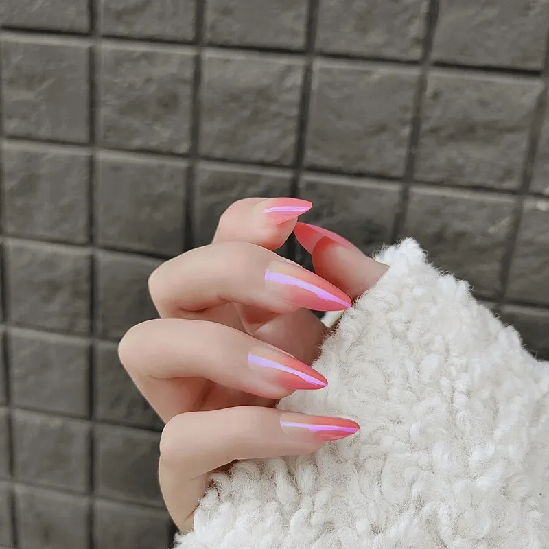 Falsas com Cola Estilo Longo Fresco Simples Persistente Wearable Unhas Cor Rosa Aurora Gradiente Terminadas 24 Pçs 2 wearable unhas falsas com cola cor rosa