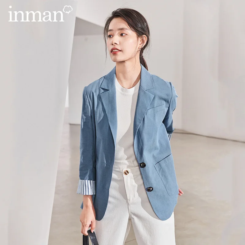 

INMAN 2020 Spring New Arrival Literary Pure Color Commuting Lapel Single-breasted Pockets Three Quarter Sleeve Women Suit