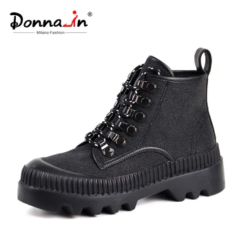 

Donna-in Genuine Leather Flat Platform Boots Women Gothic Glitter Stylish Women Flats Canvas Shoes Round Toe For Autumn Footwear