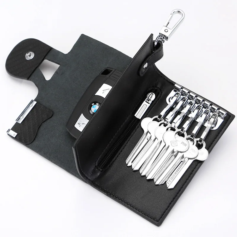 

Genuine Leather Male Key Wallets Short Square Cowhide ID Card Holder Zipper Multi-function Car Key Chain Wallet For Men Women