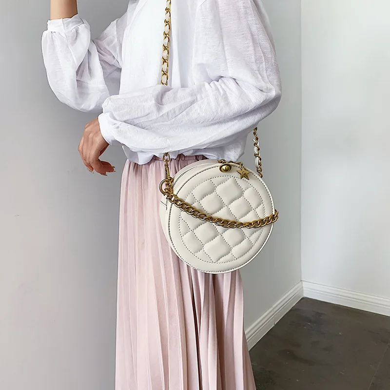 

Spring And Summer New Style Circle Retro WOMEN'S Leather Bags Shoulder Handbag Graceful Rhombus Chain Small round Bag