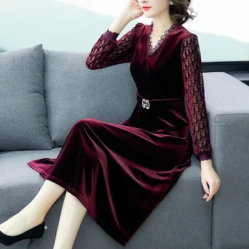 

2020 Gold Velvet Dress Women's Wear Annual Meeting Slim Temperament Medium Length Money Backing Skirt