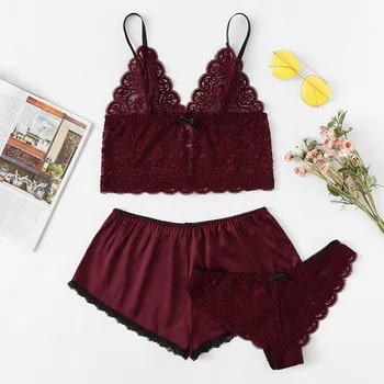 

Sexy Satin Lace 3pcs Sets Lingerie Women Vintage Sleepwear V-Neck Camisole Pijamas See Through Seamless Underwear Nightwear