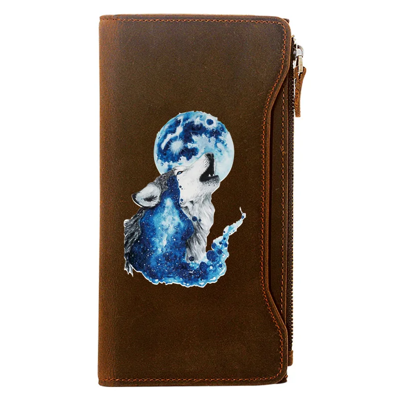 

Mysterious Howling wolf Design Genuine Leather Wallet Men Long Purse With Phone Bag Zipper Card Holder High Quality Clutch