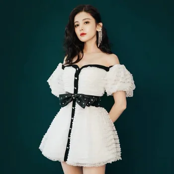 

Women Mini Dress Summer Sexy Sweet Off Shoulder White Layered Lace Buttons Birthday Party Club Beach Robe Vestidos Elegant Lady