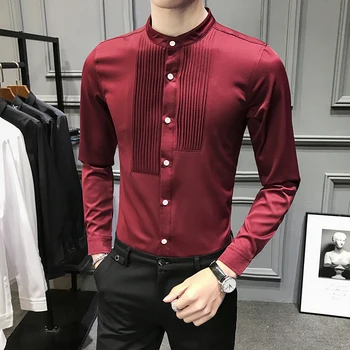 

British Style Stand Collar Tuxedo Shirt Men Fashion 2020 Gentlemen Shirt Dress Long Sleeve Solid Slim Fit Night Club Prom Shirts