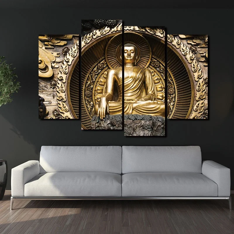 

4 Panel Frameless Modern Printed Golden Buddha Painting Picture Cuadros Decoracion Buda Paintings Canvas Wall Art Modular Pcture