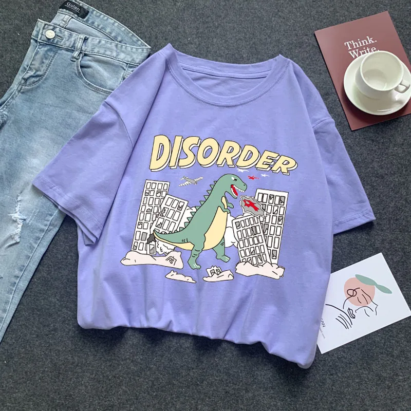95% Cotton summer Ins Hot Plus Size women t-shirts harajuku Korean Streetwear couple clothes dinosaur short Tops japanese D03