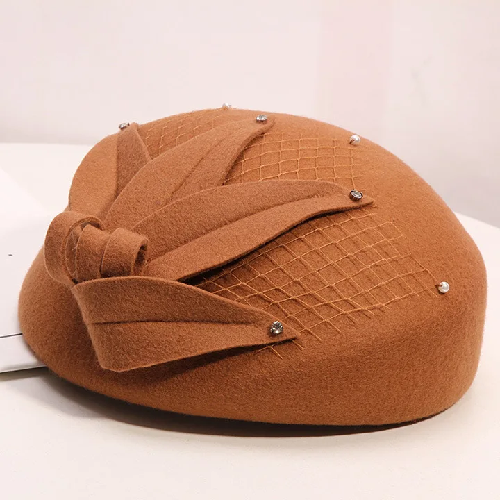 Fibonacci New Fashion Women Beret Fedoras Floral Wool Felt Hat Pearl Mesh Dinner Party Autumn Winter Hats Cap