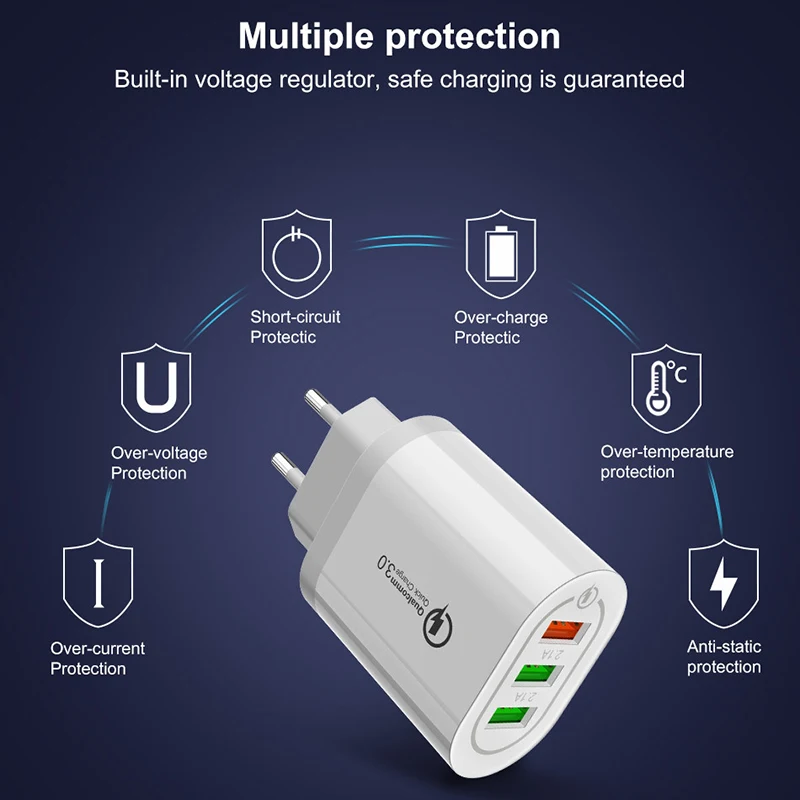3 порта 2.4A USB QC3.0 зарядное устройство для мобильного телефона 5 В/9 В/12 в быстрое