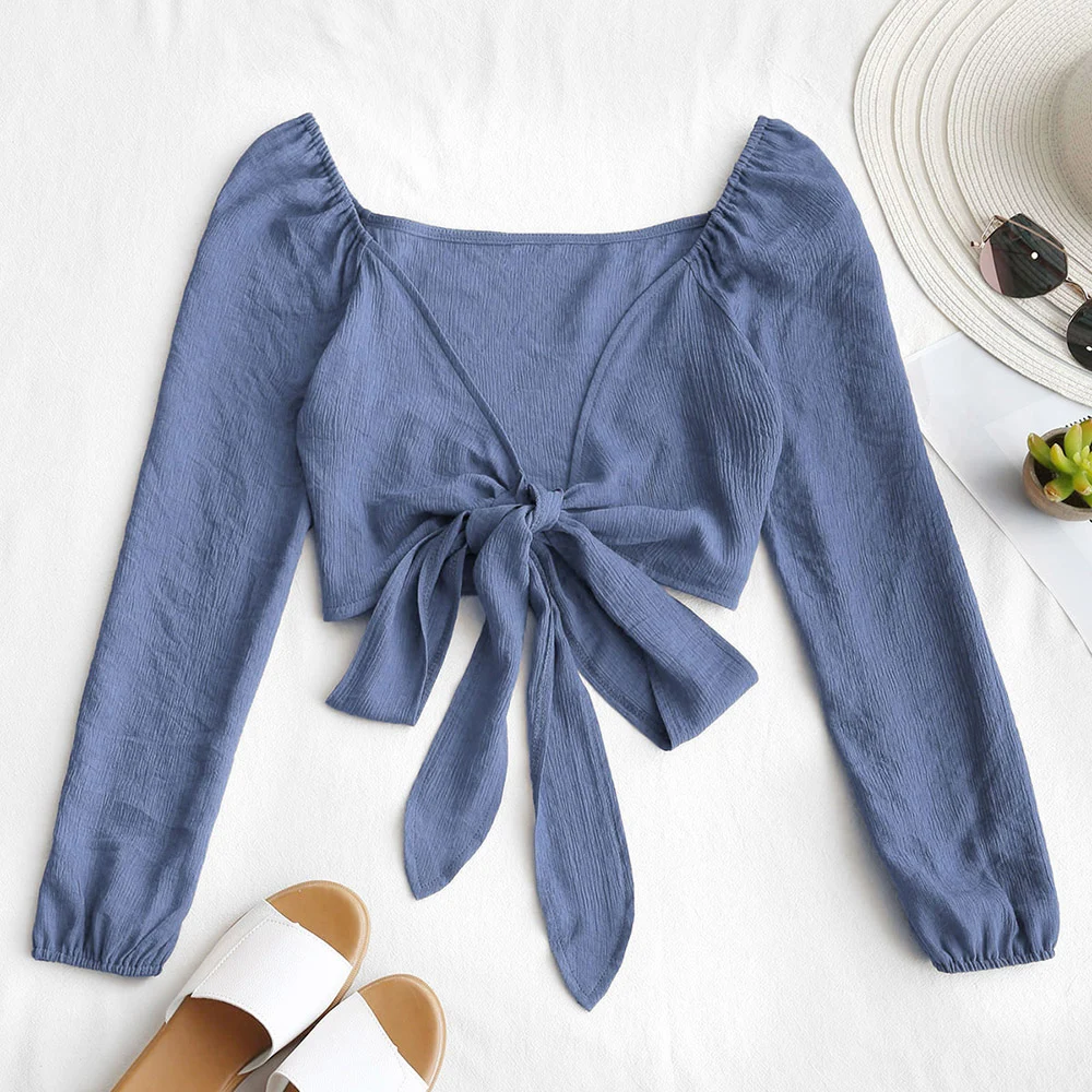 

ZAFUL Low Cut Tied Bowknot Crop Blouse Solid Short Crop Top Cotton Summer Sweet Full Sleeves Blouses Daily Streetwear Autumn