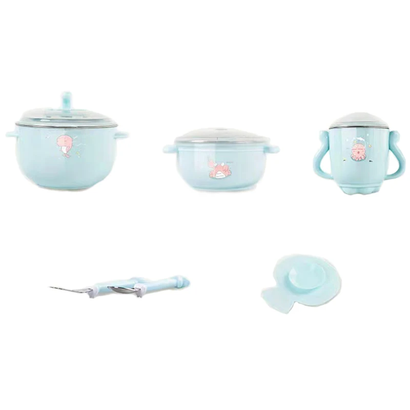 

5 Sets Of Baby Cutlery Set Stainless Steel Cute Cartoon Insulation Bowl Children Hot Water Insulation Bowl Children Feeding Tabl