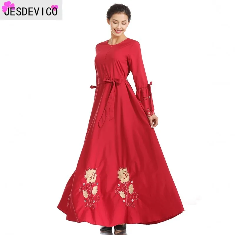 

New Fashion 2019 Designer Runway Maxi Dress Women's Bell sleeve Flowers Embroidery Retro Solid color Hollow Ruffles Long Dress