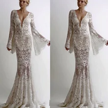 Винтажное свадебное платье «русалка» с расклешенными рукавами,, кружевное платье Vestido De Noiva, свадебное платье шампанского с открытой спиной