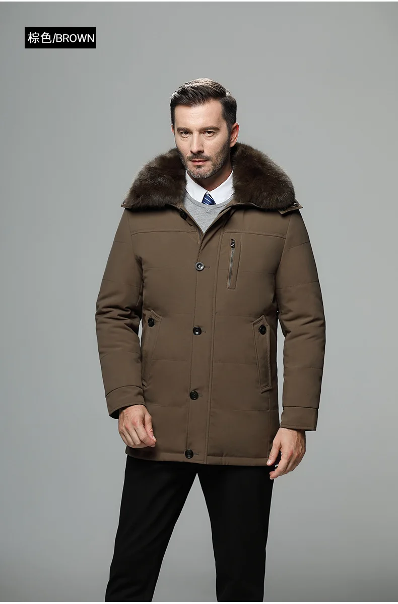 Мужская теплая куртка-пуховик на молнии с меховым воротником и капюшоном, Мужское пальто, пуховик на утином пуху, зимние куртки для мужчин