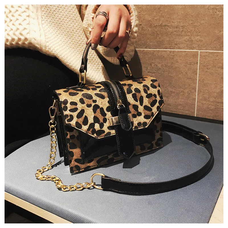 Новая мода Корейская версия меха леопардовая маленькая квадратная сумка из лакированной кожи с цепочкой на одно плечо косые женские сумки