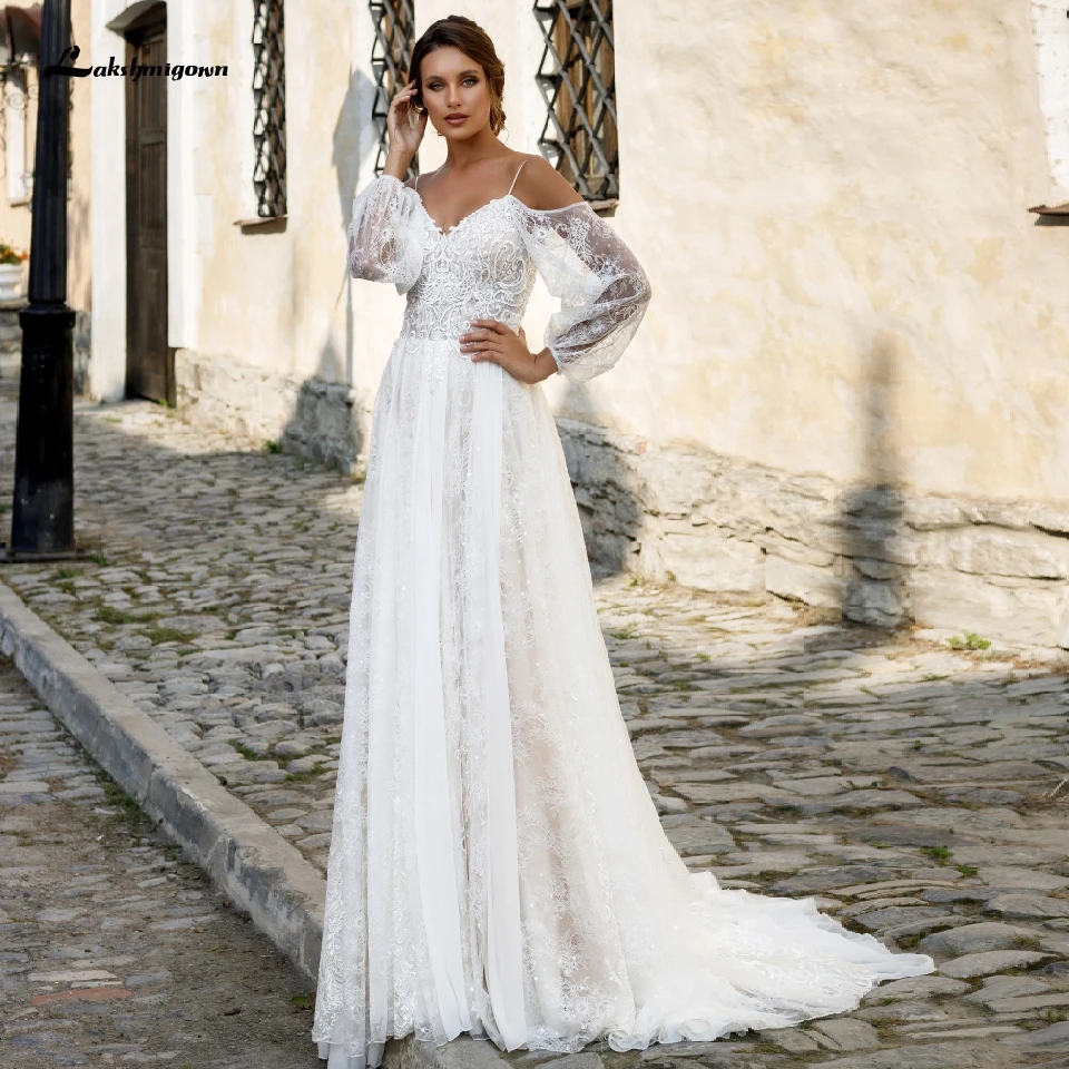 

Lakshmigown Chic Lace Wedding Dress Boho Beach 2020 Elegant Bridal Dress Long Sleeves Abito da Sposa Sexy A Line Wedding Dresses