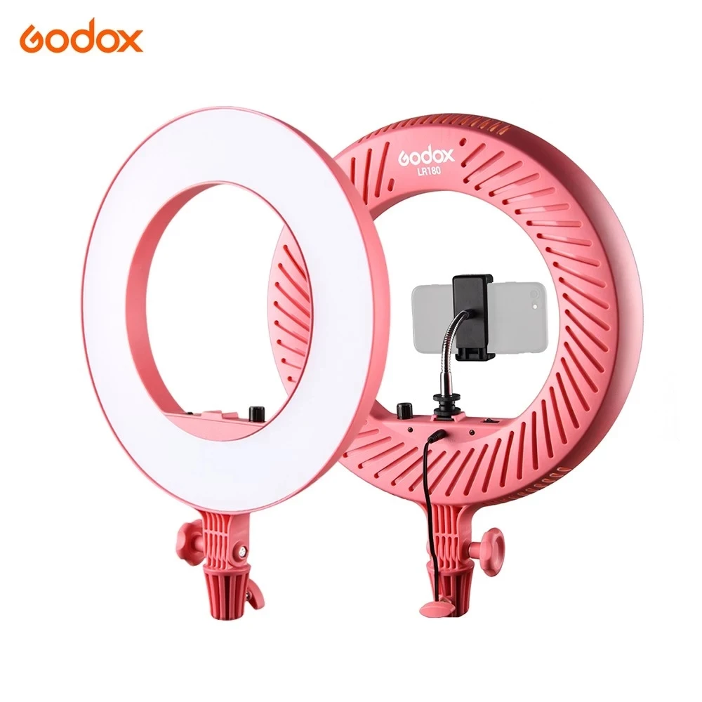 Godox LR180 Ring LED Video Light Cold Color Temperature with White Light-passing Board Phone Holder CRI 92 TLCI 97 27W
