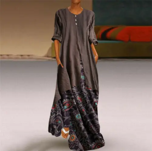 Горячее предложение, элегантное цветочное этническое длинное платье для женщин, Осеннее богемное платье с круглым вырезом и длинным рукавом, свободные макси платья размера плюс 5XL Vestido - Цвет: Коричневый