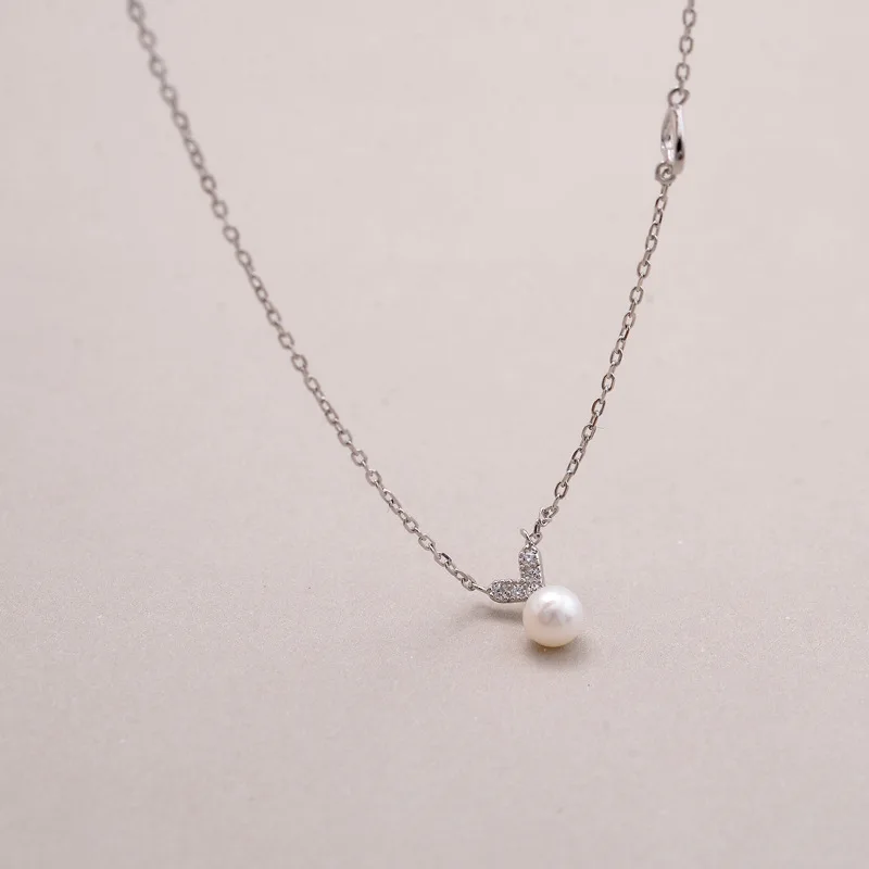 

Heart Pearl Necklace S925 Fine Silver Choker Short Fine Chain Peach Heart Shell Pearls Chain Original 7185