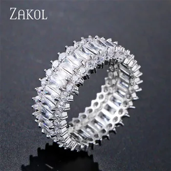 

ZAKOL Korea Style Glitter Elegant Baguette Cubic Zircon Flower Finger Rings For Women Men Party Birthday Gift Jewelry FSRP243