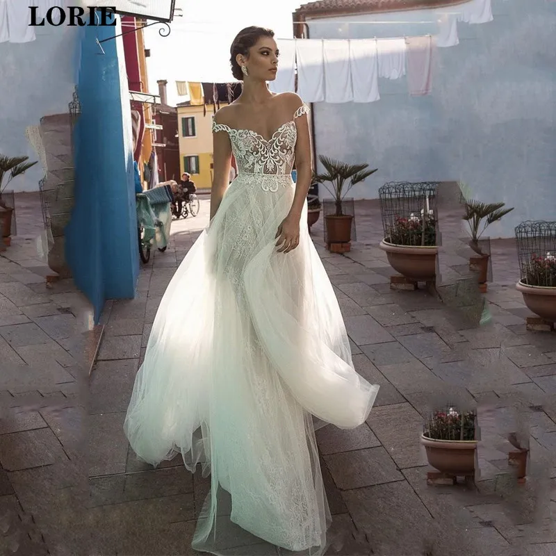 LORIE Princess Wedding Gowns Nude Neck Lace Bride Dresses Vestidos de noiva Off The Shoulder Boho | Свадьбы и торжества