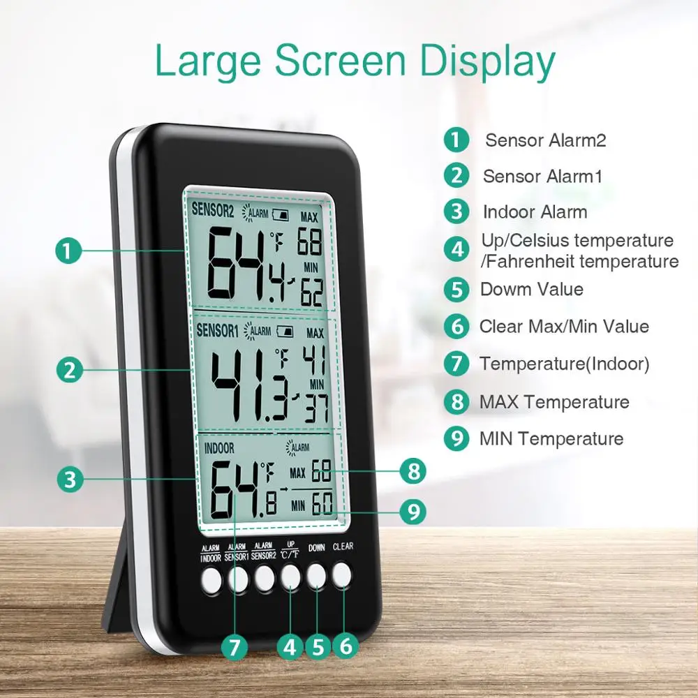 ORIA Refrigerator Thermometer 2 Wireless Sensors Indoor Outdoor Thermometer Digital Freezer Thermometer Audible Alarm 3