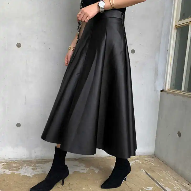 

Midi Skirt Women Faux Leather Black Solid A-line Elegant Spring Office Ladies Pleated Flared High Waist PU Leather Skirts
