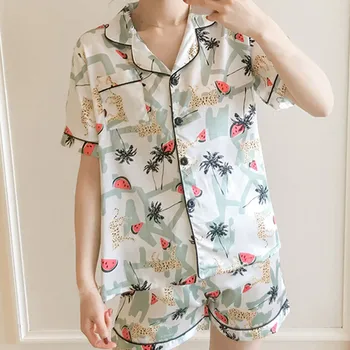 

New Fashion Summer Satin Pajamas Set for Women Short Sleeve Turn-down Collar Buttons Pocket Pijama Loose Sleepwear Homewear
