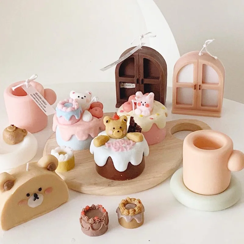 Cream Big Bear Candle Mold Korean Silicone Molds for Making Mug Arch Window Wax | Дом и сад