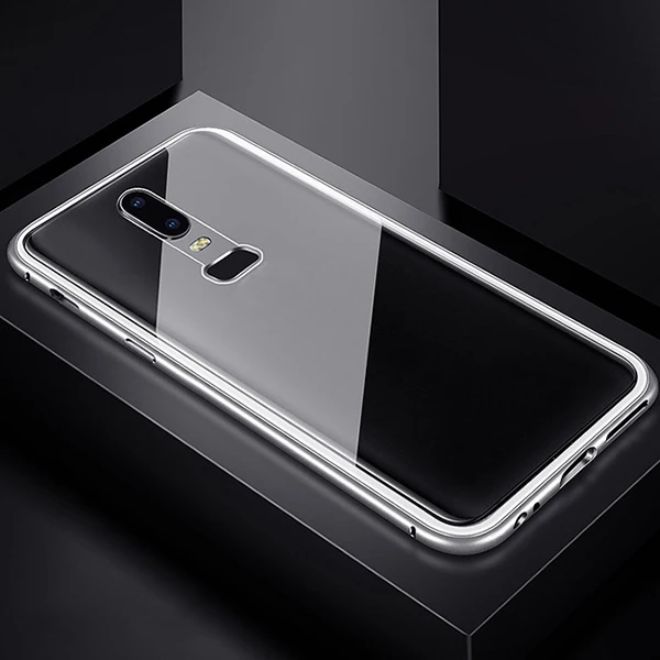 Silver Магнитный адсорбционный чехол для телефона OnePlus 7 Pro One Plus 6 T, задняя крышка из закаленного стекла для Oneplus 6 5 T, Роскошный металлический Прозрачный чехол - Цвет: Silver