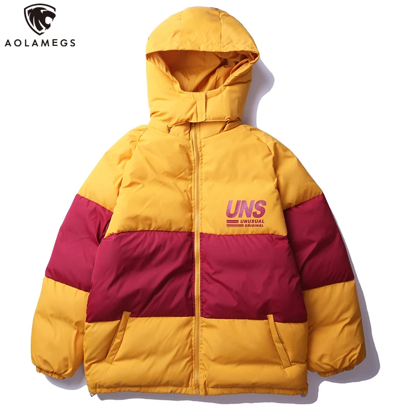 

Aolamegs Winter Jacket Men Harajuku Print Hooded Cotton Padded Warm Hit Color Men Thick Coat Casual Style Mens Winter Streetwear