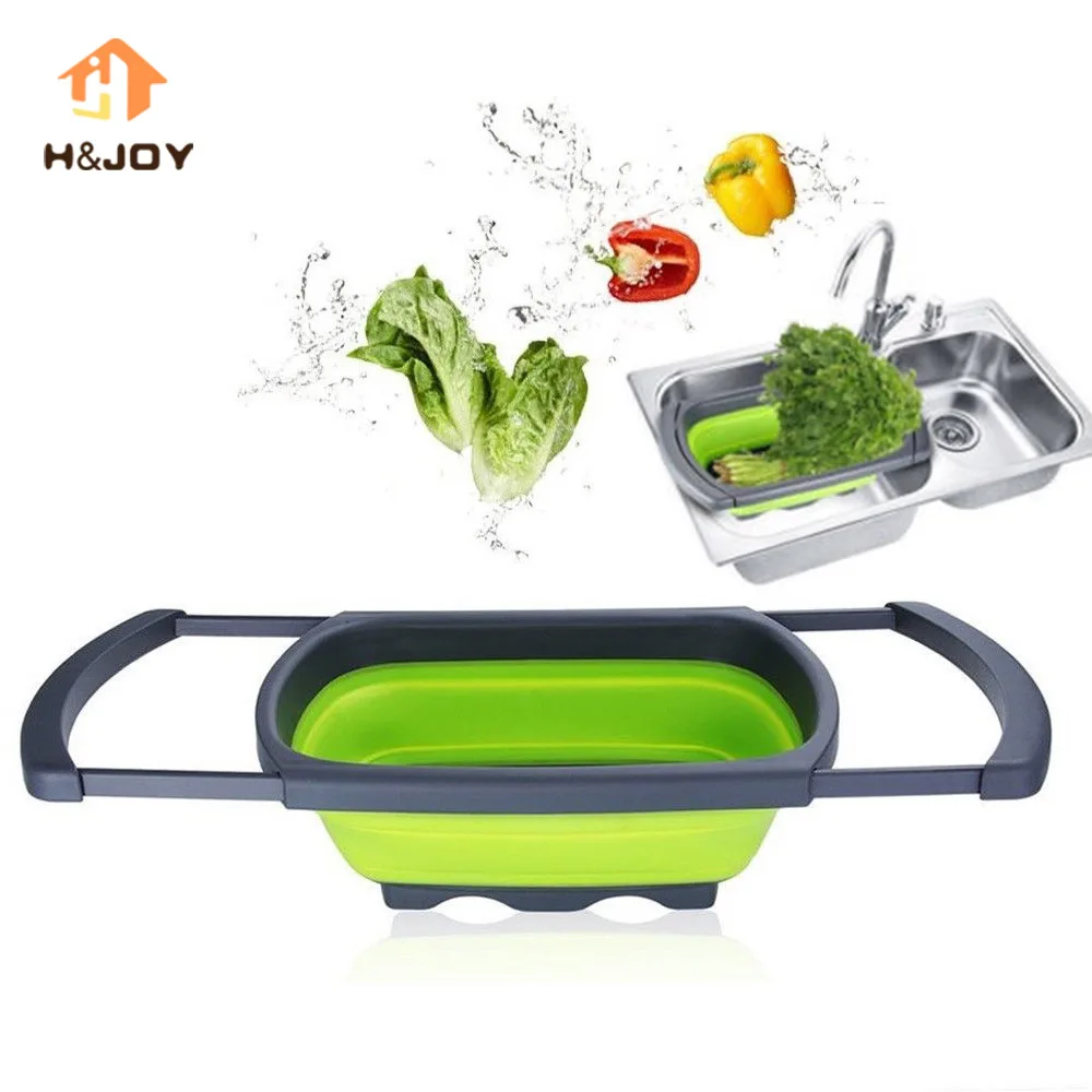 Silicone Collapsible Over The Sink Retractable Colander With Handle