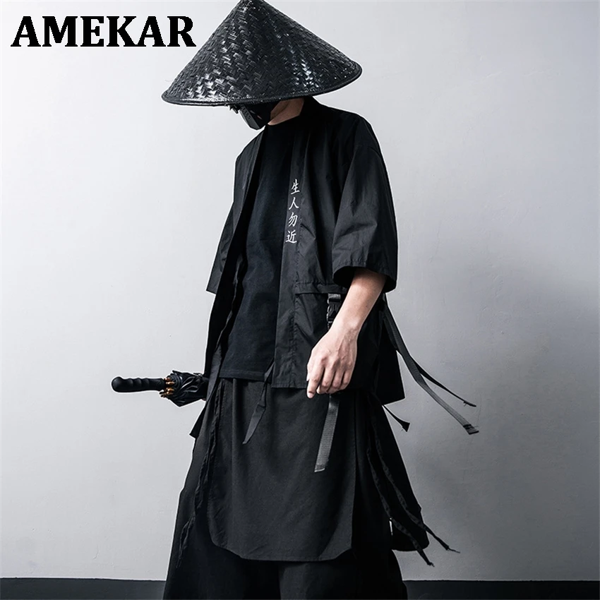 Japanese Traditional Kimono Cardigan Black Cotton Fashion Stage Haori Samurai Cosplay Costumes Chinese Style Coat Streetwear |