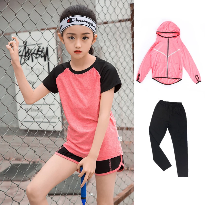 Детская футболка для фитнеса Для девочек спортивный костюм для бега спортивные Леггинсы пальто для бега Детские лосины для йоги, комплект одежды, тренировочный костюм
