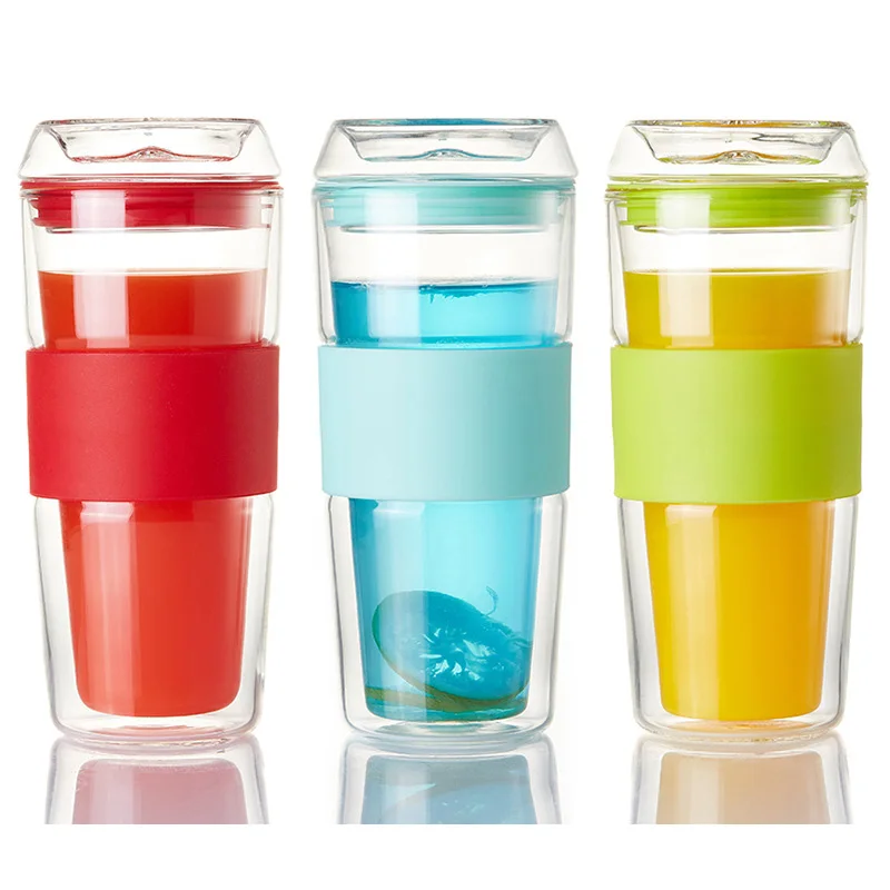 

High Quality Double Wall Glass Tea Cup Coffee Mugs with lid Car Travel 400ml Transparent Coffee Tea Milk Mug Heat Resistant