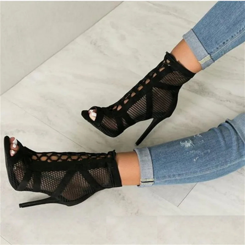 

New Fashion Show Black Net Suede Fabric Cross Strap Sexy High Heel Sandals Woman Shoes Pumps Lace-up Peep Toe Sandals