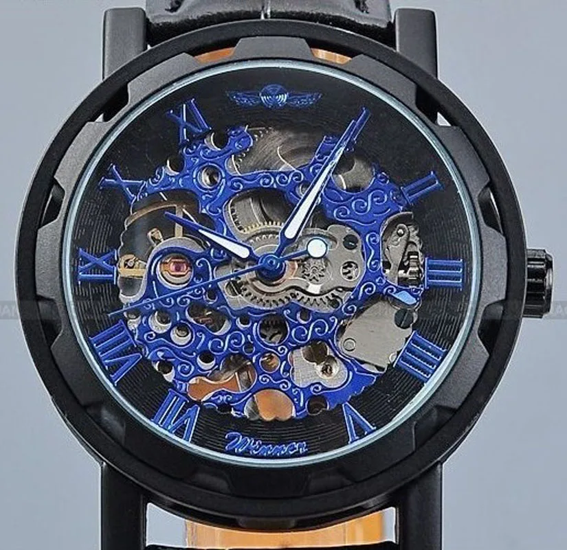 Fashion Winner Black Leather Band Stainless Steel Skeleton Mechanical Watch For Man Gold Mechanical Wrist Watch Luxury Brand 