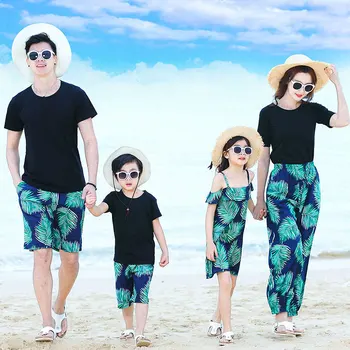 

Summer Family Matching Outfits Casual Cotton Dad Son T-shirt +Shorts Mum Wide Leg Pants Suit Daughter Strap Dresses Girl Dresses
