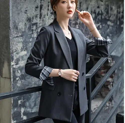 Dark Gray Blazer Bouble однобортный Однотонный женский блейзер с карманами Женское пальто Модные Пиджаки Верхняя одежда Высокое качество куртки 5XL - Цвет: Dark Gray Blazer